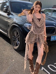 Hnewly  Streetwear Plaid Patchwork Dresses Halter Backless Sexy Grunge Y2k Aesthetic Irregular Vestidos Harajuku Woman Sleeveless Dress