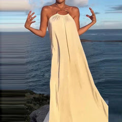 Hnewly  Ladies Casual Hanging Neck Hollow Solid Color Dress Summer Loose Swing Vacation Dress Sexy Backless Hollow Out Robe Dresses