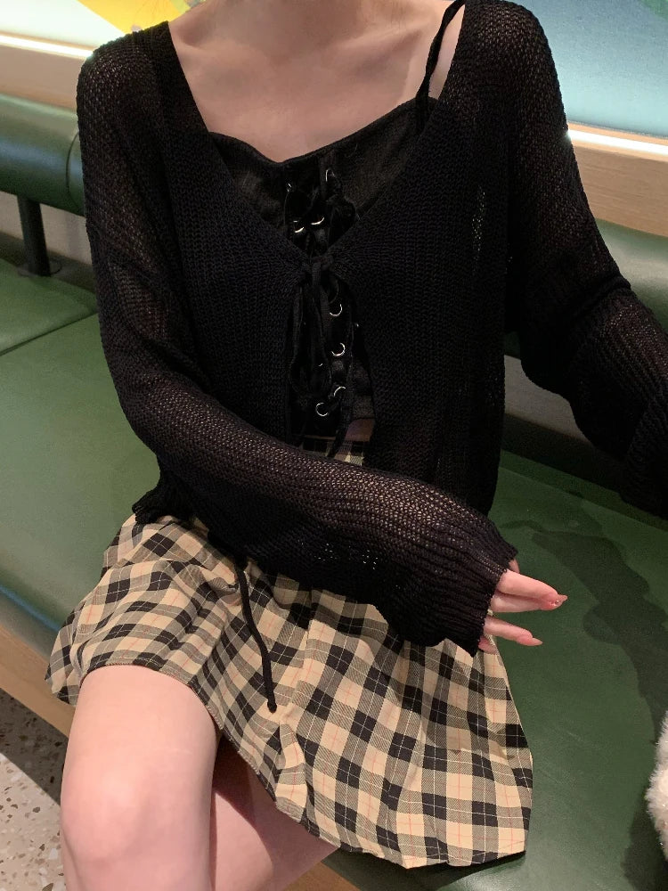 Hnewly  Women Tie Up Short Cardigan Knitted Long Sleeve  Tie Front Shrug Cardigan Lightweight Cover Up Jacket Teen-girl Y2K Outfit