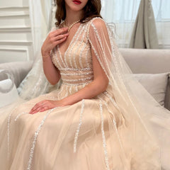 Hnewly  Luxury Champagne Shiny Sequined Beaded Evening Dress Party Gowns Special Occasion Prom Gowns Vestidos De Noche