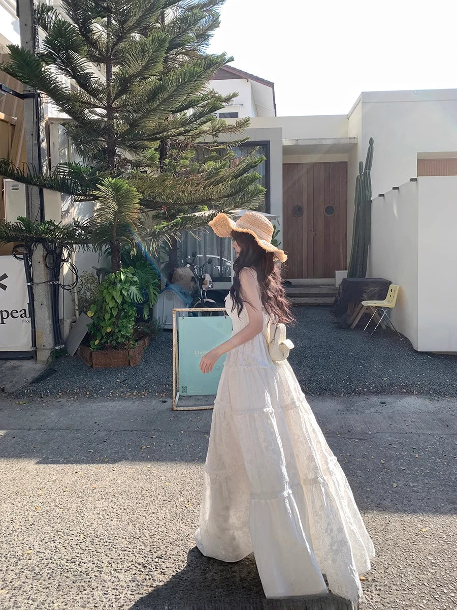 Hnewly Design V-Neck Strap Midi Dress Women Beacy Style Summer One Piece Dress Korean Fashion Clothing Elegant Vintage Dress Chic Y2k