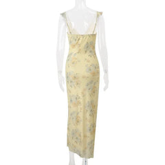Hnewly  Retro V Neck Dresses Yellow Sleeveless Flower Print Maxi Long Dress Elegant High Waist Female Holiday Party Vestidos
