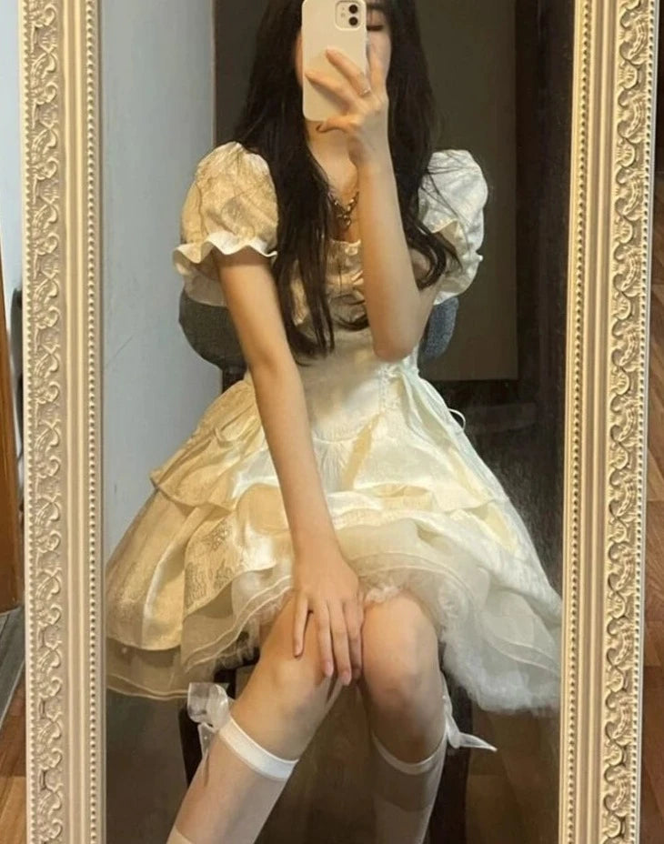Hnewly DRESS TO IMPRESS Korean Sweet Kawaii Dress Women Summer 2024 White Japanese Cute Party Mini Fairy Dress Bubble Sleeve Casual France Elegant Dress