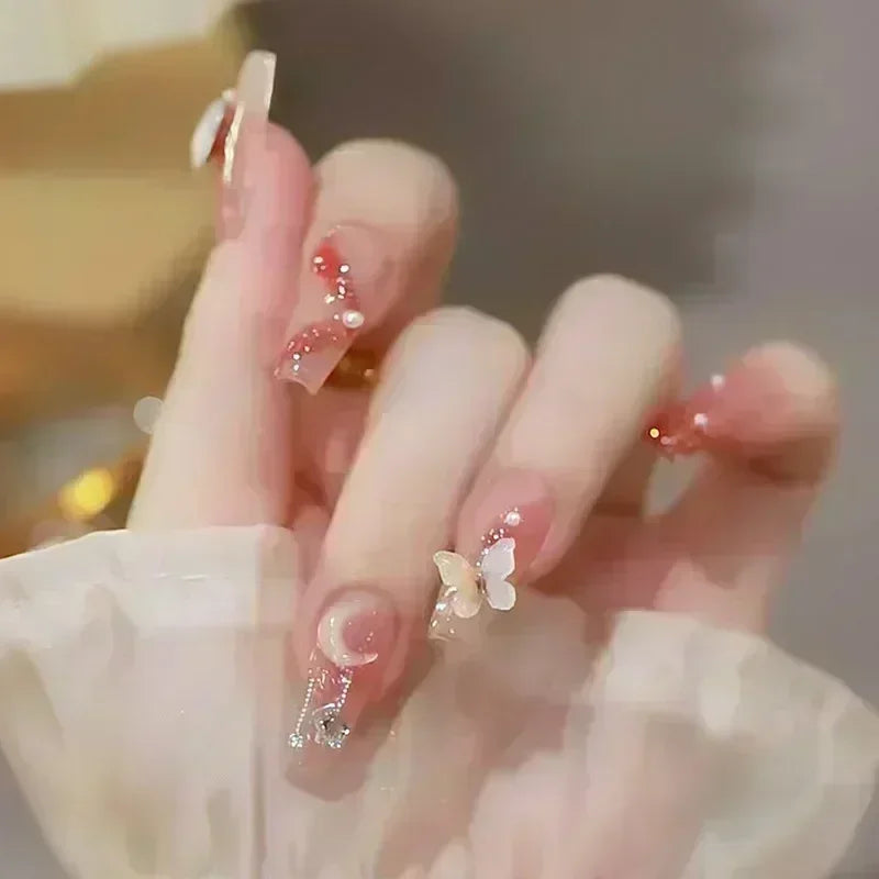Hnewly 24Pcs False Nails French Gradient Ballet Fake Nails Press on Nails Black Heart Rhinestone Design Glitter Full Cover Nail Tips
