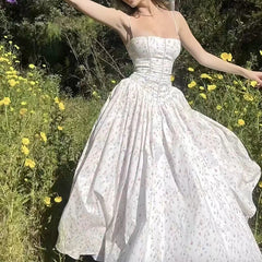 Hnewly French Elegant Flower Prints Camis Dress Women Summer Sexy Spaghetti Strap A Line Dress Lady Fashion Slim Pleated Party Vestidos