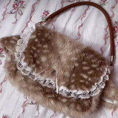 Hnewly  Sweet Y2k Aesthetic Fluffy Handbags Fairy Bandage Bow Women Underarm Bag Faux Fur Fashion Chic Shoulder Bags Korean Casual