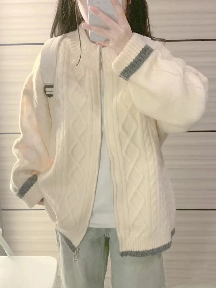 Hnewly Autumn Warm Zipper Cardigan Women Korean Loose Lazy Style O Neck Sweater Coat Female Fashion Twist Long Sleeve Cardigan Jacket