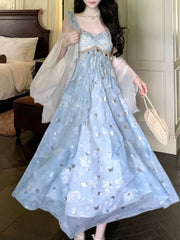 Hnewly  Elegant Girl's Long Dress Butterfly Gold Stamping Sparkle Strap Party Dress Women Sweet Beach Vacation Fairycore Dress