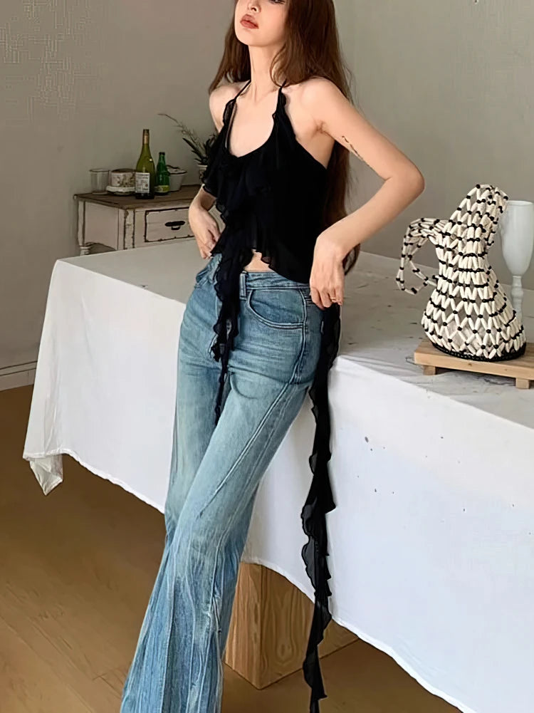 Hnewly  Sexy Y2k Vintage Thin Strape Ruffle Halter Crop Top Women Backless Basic Sleeveless T shirt Off shoulder Club Party Lady Tees