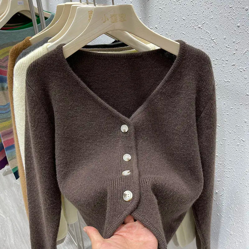 Hnewly  New Women's Sweaters Fashion Loose All-match Knitwear Coats Spring Autumn Korean Lazy Style V-neck Single-breasted Top