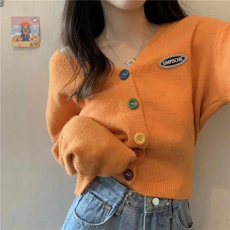 Hnewly  Cardigan for Women Long Sleeve Knitted Sweaters Sweater Cropped Crochet Kawaii V Neck Cardigans Woman Black Tops Cute Trend