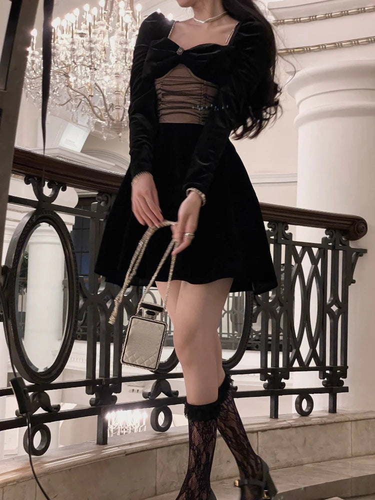 Hnewly Winter One Piece Dress Korean Ladies Black Fashion Elegant Velvet Dress Female Vintage Long Sleeve Evening Party Midi Dress