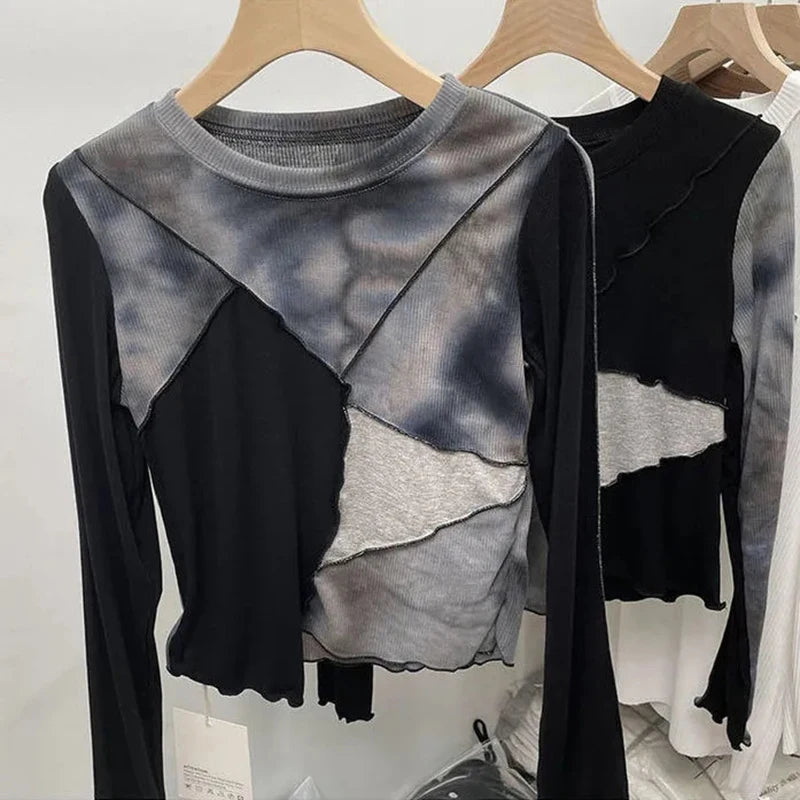 Hnewly Vintage Tie Dye Patchwork T Shirts Women Korean Chic Female Long Sleeve O Neck Tops Y2K Autumn Slim All Match Crop Tees Mujer