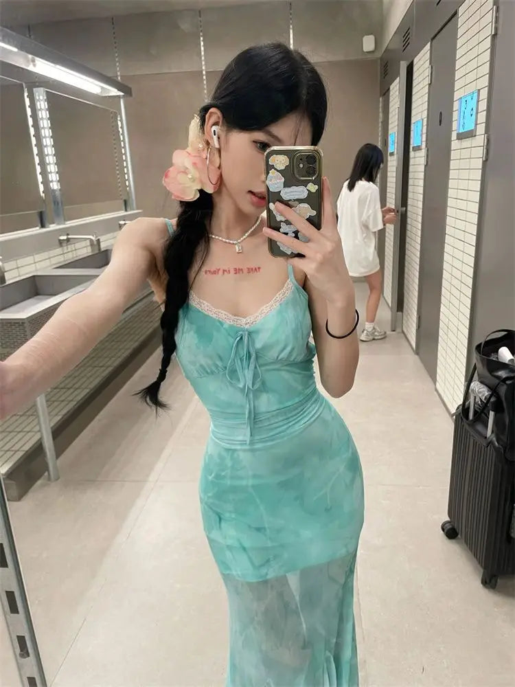 Hnewly  Oversize Lace Patchwork Camisole Dresses Sexy Slim Fit Bodycon Fishtail Dress for Women 2025 Summer New Vestidos Mujer