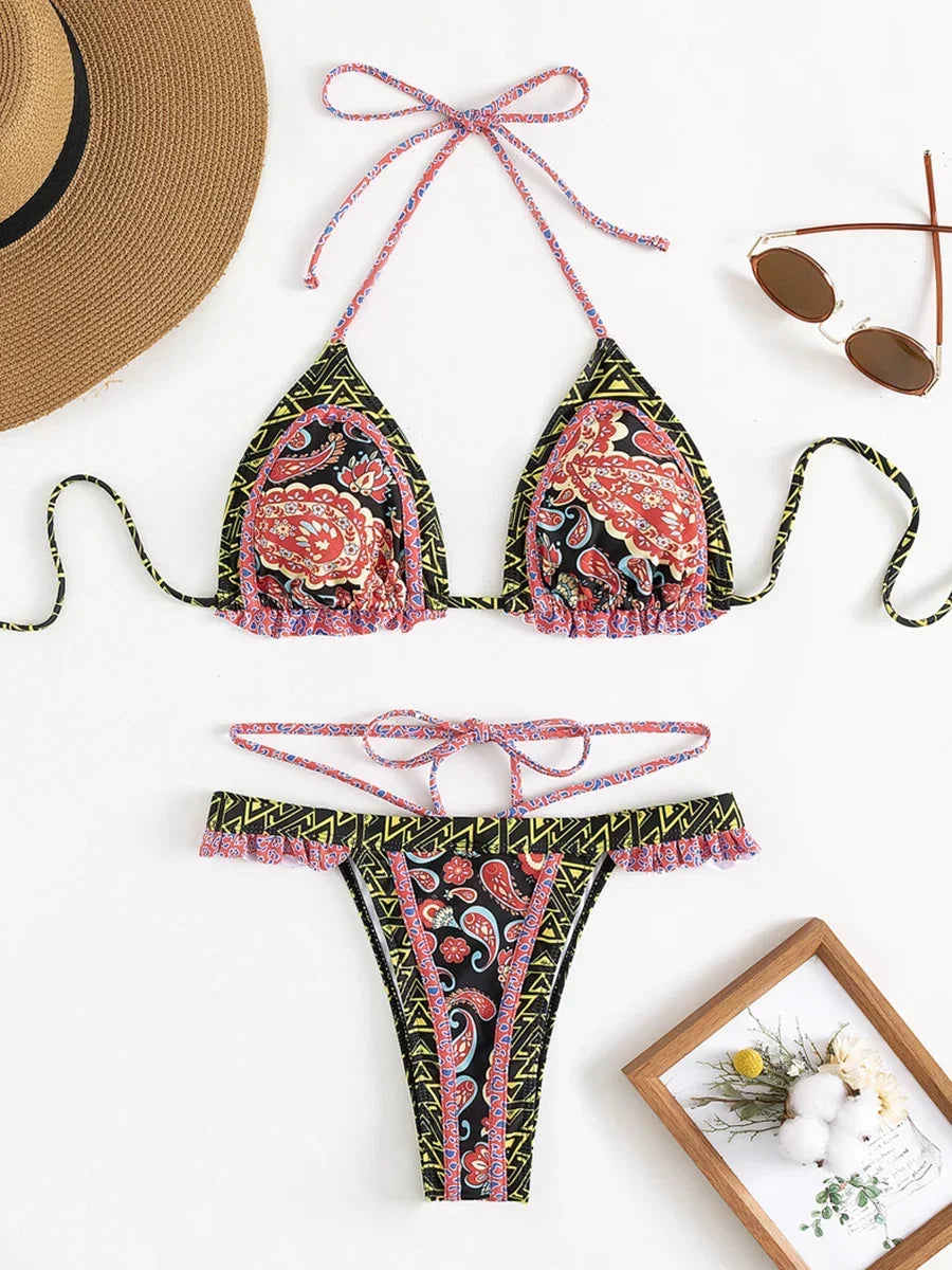 Hnewly  Floral Printed Halter Ruffled Frilled Bikini Women Swimwear Female Swimsuit Two-pieces Bikini set Thong Bathing Suit Swim Lady