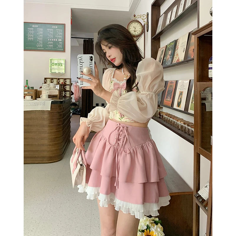 Hnewly Autumn Pink Kawaii Mini Skrts Women Lace Patchwork Korean Fashion Party Skirt Female Casual Chic Designer Bandage Skirts