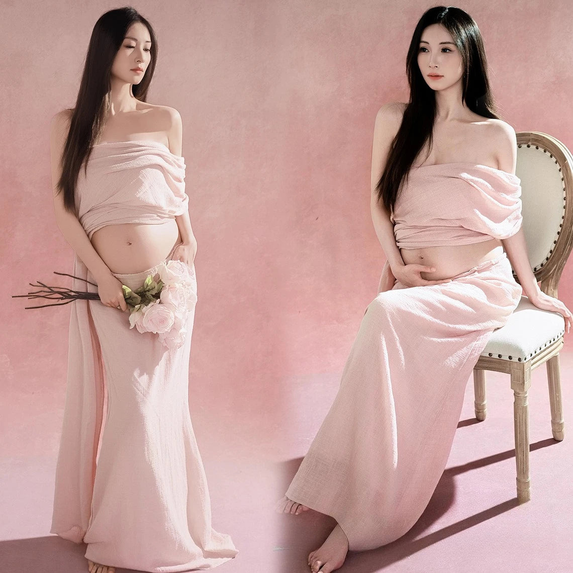 Hnewly  Summer Maternity Photoshoot Dress Elegant Pink 2 Piece Outfit Top and Long Skirt for Pregnant Women Baby Shower Home Studio