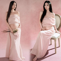 Hnewly  Summer Maternity Photoshoot Dress Elegant Pink 2 Piece Outfit Top and Long Skirt for Pregnant Women Baby Shower Home Studio