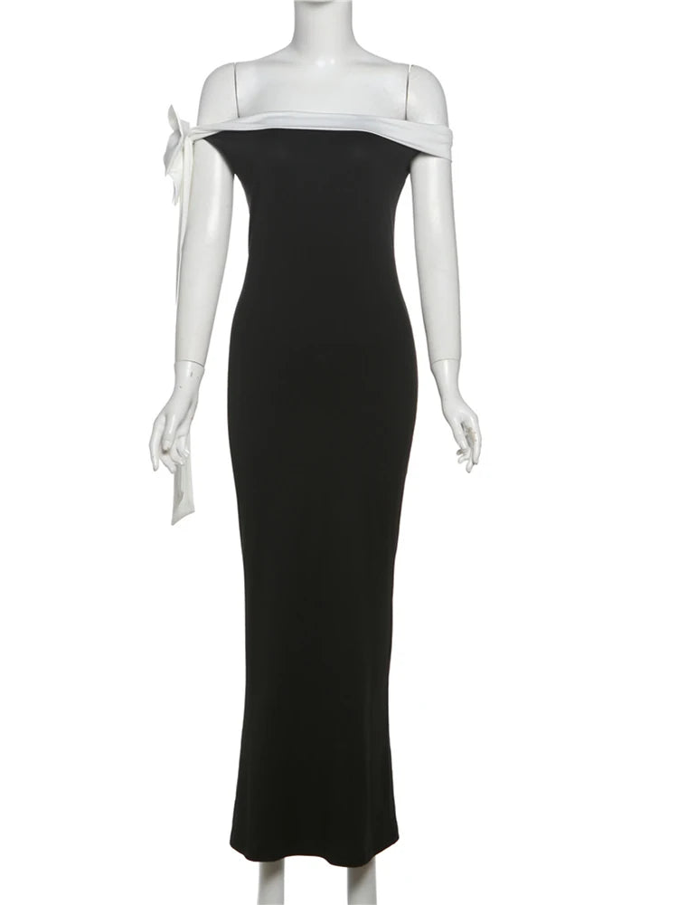 Hnewly  Slash Neck Dress Women Y2K Chic Tassel Bandage Sleeveless Skinny Stretch Elegant 2025 Summer Trend Slim Maxi Bodycon