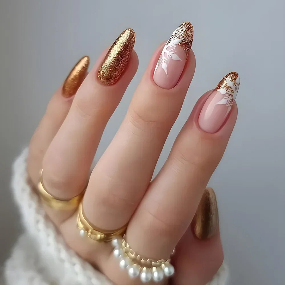 Hnewly 24Pcs French Gold Edge Wearable Almond Press on Fake Nails Simple Pearl Decoration False Nails with Glue Full Over Manicure Tips