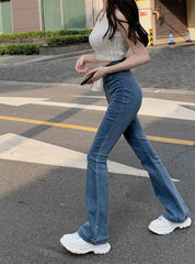 Hnewly Women's Jeans Bell Bottom Trousers Slim Fit Pants for Women Skinny Flared High Waist Shot Blue Flare Harajuku Fashion Retro Emo