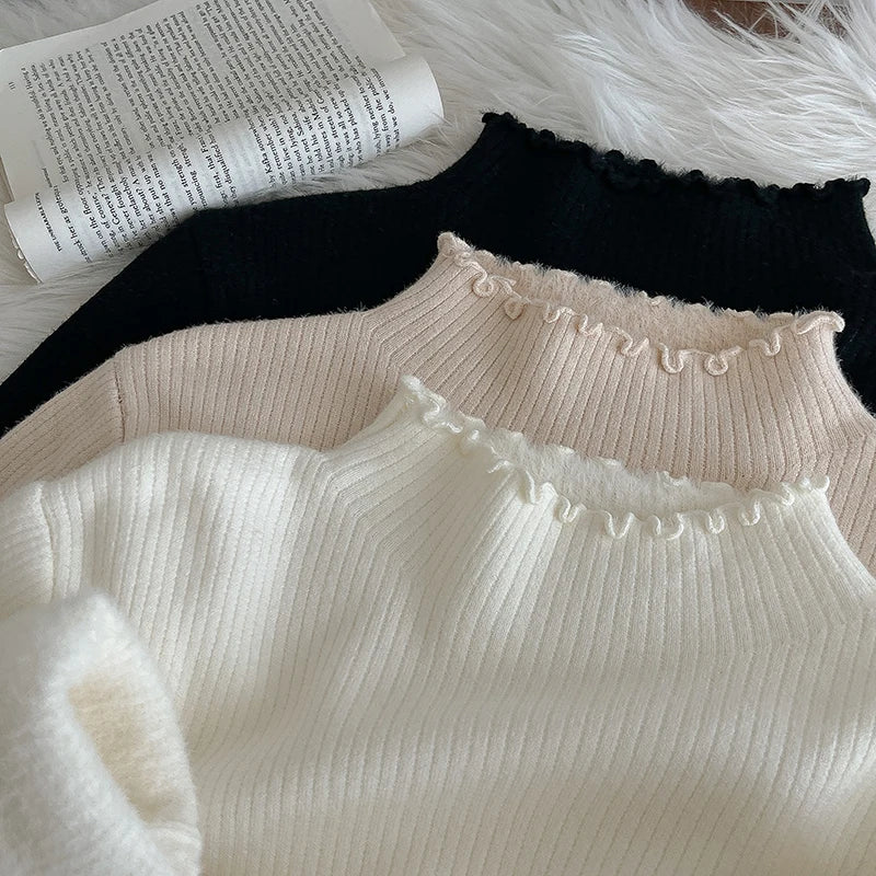 Hnewly  Lace Edge Half High Collar Sweater Autumn Winter New Women's Long Sleeve Top Warm Solid Color Slim Basic Knit Pullover