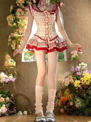 Lunivop  Vintage Fresh Prairie Chic 2 Piece Set Women Slim Floral Doll Collar Puff Sleeve Top + High Waist Plaid Skirt Sweet Party Outfit