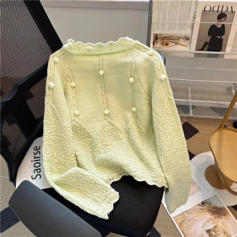 Hnewly  Korean Sweater Cardigan Women's Spring Autumn 2025 Versatile Soft Knitted Jacket Elegant Lace Single Breasted Long Sleeved Top