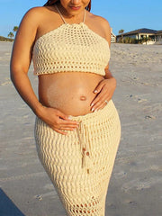 Hnewly  Boho Maternity Photography Crochet Set Beige Halter Top Maxi Skirt Beach Pregnancy Photoshoot Outfit Maternity Photo Dress