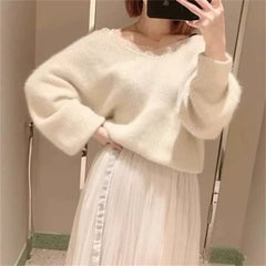Hnewly  Fashion Elegant Lace Patchwork Pullover Sweater Loose Casual Long Sleeve Pullover Female Autumn Winter Japanese Knitwear
