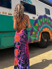 Hnewly  Women Summer Casual Long Dress Tie-Dye Print U-Neck Sleeveless Dress  Fashion Cross Backless Dresses Bohemian Holiday Beach
