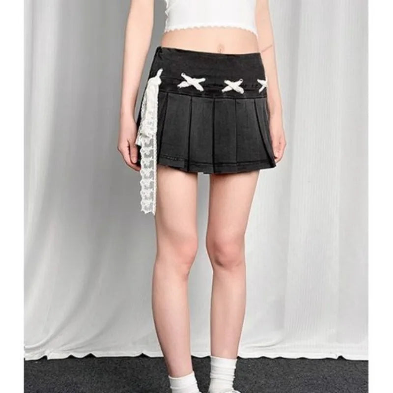 Hnewly  Bow Lace Up Blue Washed Denim Skirt for Women American Vintage Pleated A-line Skirts 2025 Summer New Faldas Sexy Mujer