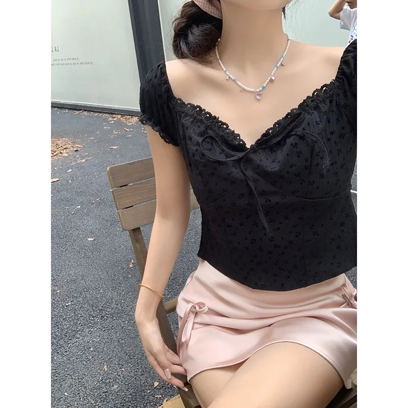 Hnewly Lace Edged Short Sleeved T-Shirt For Women's Summer New Slim Fit Short Top