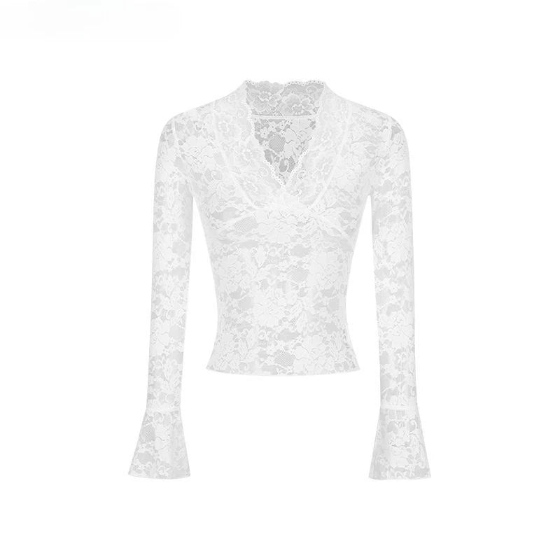 Hnewly  Women Y2K Fashion Casual Sexy V-Neck Flare Long Sleeve Sheer T-Shirts Lace Slim Tshirt Pullovers Acubi Tops Tees 2000s Clothes