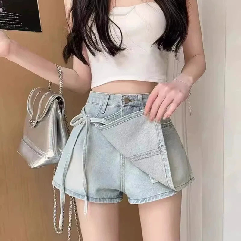 Hnewly  Fashion Bow Knot A-Line Denim Skirts Women Korean Asymmetrical Split Blue Skirt Ladies Summer New Basic High Waist Skirts Mujer