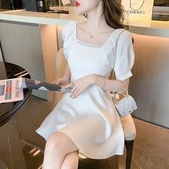 Hnewly  Summer White Square Neck Dress Summer New Fashion High end Elegance Sweet Dress