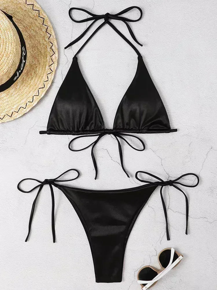 Hnewly  Wrap Around Halter Metallic Satin Bikini Women Swimwear Female Swimsuit Two-pieces Bikini Set Brazilian Bathing Suit Swim Lady
