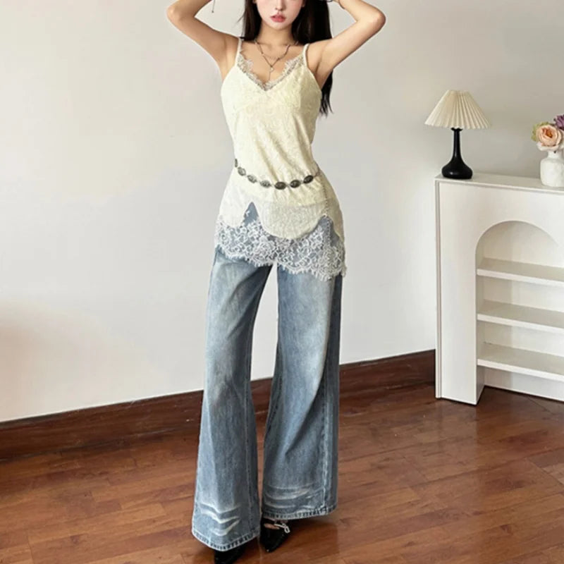 Hnewly y2k Tops Women Coquette Clothing Solid Color V Neck Lace Patchwork Spaghetti Strap Sleeveless Camisole Vest Streetwear