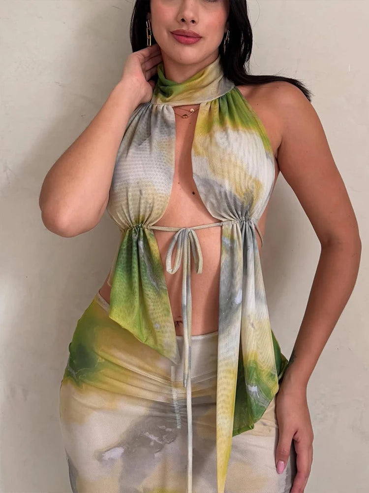 Hnewly  Tie-Dye Fashion 2 Piece Set Women Halter Turtleneck Ruffles Backless Tops+Ruched Skirts Vacation Beach Party Outfits