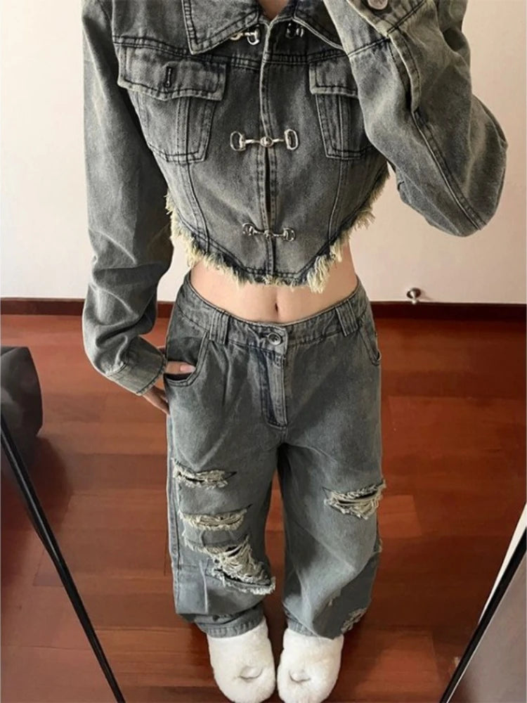 Hnewly rodeo outfits Harajuku Two Piece Sets Womens Outifits Long Sleeve Crop Jackets High Waist Hole Wide Leg Pants Suit Casual Fashion Y2k Set