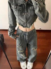 Hnewly rodeo outfits Harajuku Two Piece Sets Womens Outifits Long Sleeve Crop Jackets High Waist Hole Wide Leg Pants Suit Casual Fashion Y2k Set