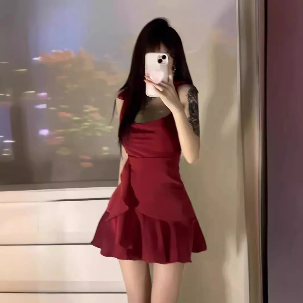 Hnewly Summer Dresses New Style Ruffle Edge Spice Girl Skirt Camisole Dress Skinny Hip-hugging Short Dress Woman's Clothing Vestidos
