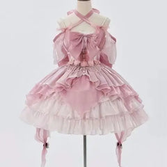 Hnewly  Flower Wedding Lolita Dress Elegant Pearl Strap Fairy Dress Cosplay Clothes Ruffles Pink Princess Jsk Dresses