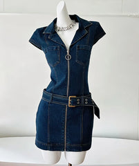 Hnewly  Summer New Denim Women's Dresses Belt Tunic Dress Zipper Ropa Mujer Gothic Vestidos Korean Fashion Casual Roupas Feminina
