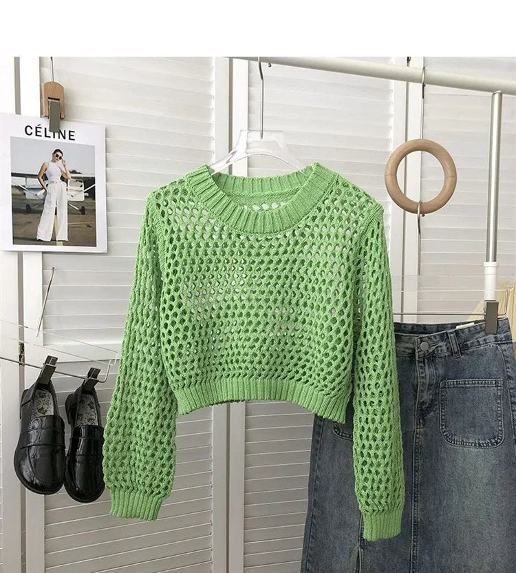 Hnewly Hollow Sun Protection Shirt Women's Summer Loose Pullover O-Neck Puff Long Sleeve Air Conditioning Knitwear Korean Retro Top