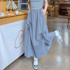 Hnewly  Korean Bowknot A Line Cargo Skirt Women Summer Elastic Waist Oversized Long Skirts Woman Streetwear Y2K Midi Skirt Female
