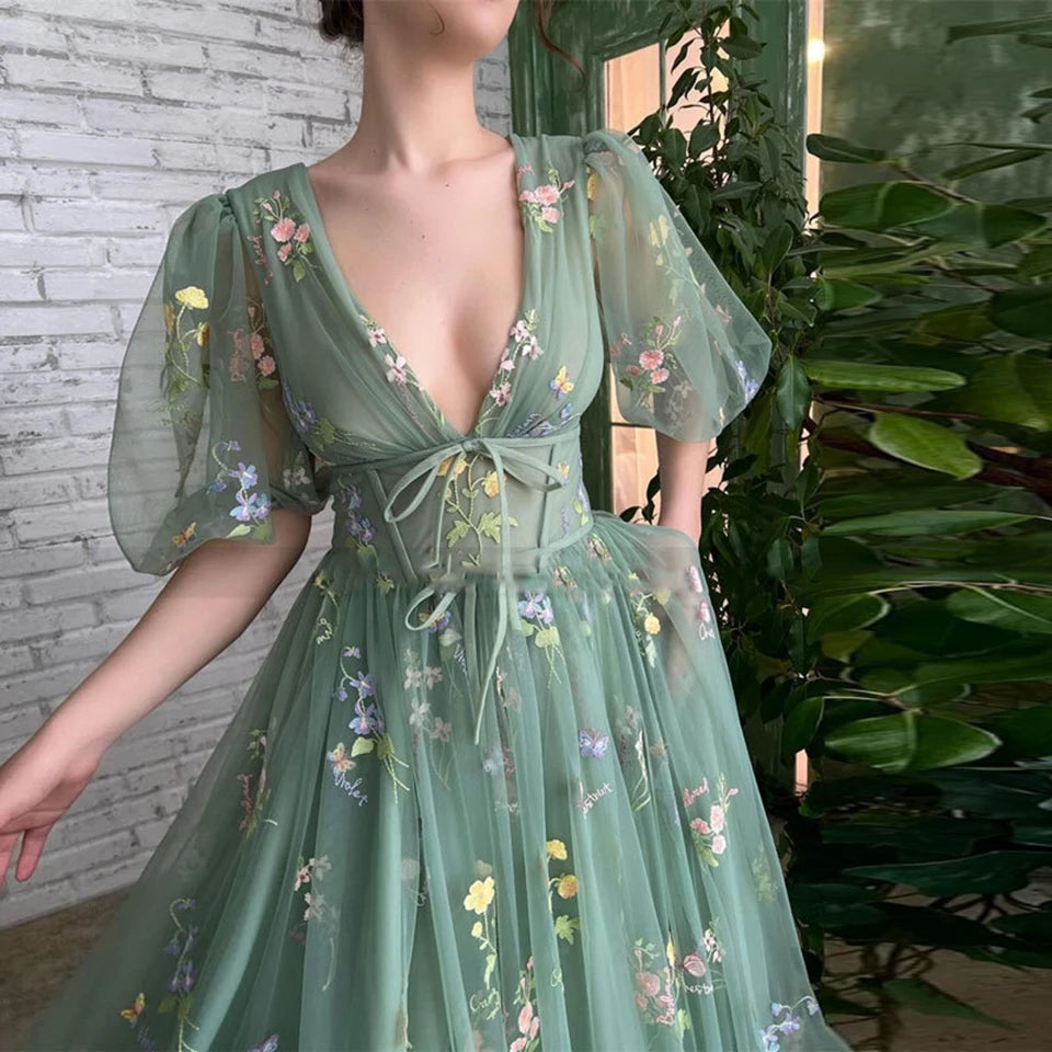 Hnewly  Elegant Green Evening Dresses Puffy Sleeve V Neck Tulle Romantic Flower Backless A Line Floor Length Party Prom Gowns  formal dress