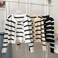 Hnewly  Women's Striped Knitting Cardigan Single Breasted Long Sleeved Sweater+Spaghetti Straps Vest Spring Autumn Korean Top 2pcs