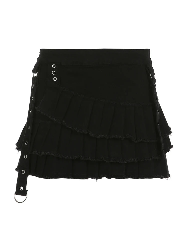 Hnewly rave inspo outfits Punk Gothic Black Eyelet Ribbon Denim Skirt Women Low Waist Asymmetrical Tiered Pleated Short Jean Skirts Y2K