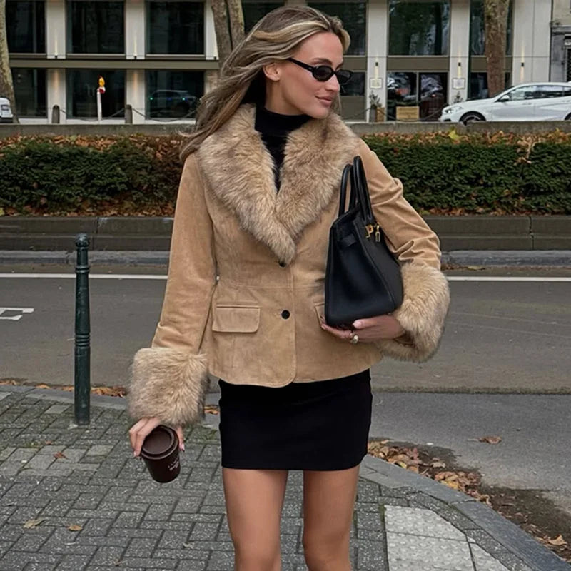 Hnewly  Retro-Style Suede Suit Fur Collar Jacket Women's Detachable Fur Collar Button Pocket Loose Patchwork Coat Autumn Winter